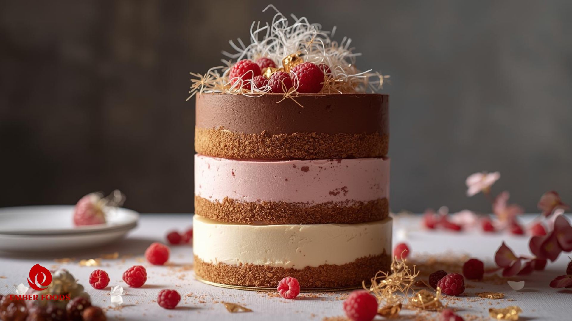 Bánh Mousse ba tầng socola, vani, dâu cho nhà hàng khách sạn Three-layer mousse cake with chocolate, vanilla and strawberry for hotels and restaurants