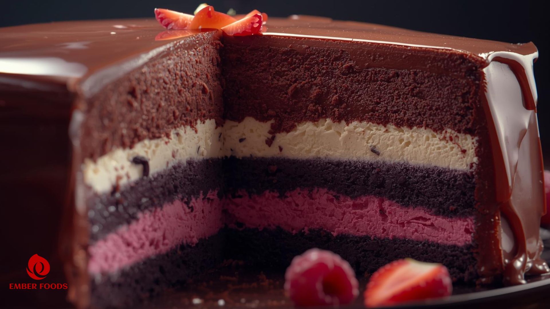 Bánh Mousse ba tầng socola, vani, dâu giá rẻ Cheap three-layer chocolate, vanilla, strawberry mousse cake