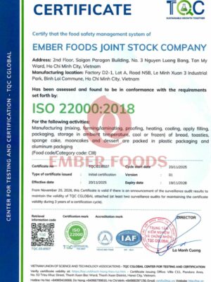FOOD SAFETY CERTIFICATE OF ISO EMBER FOODS PRODUCTS
