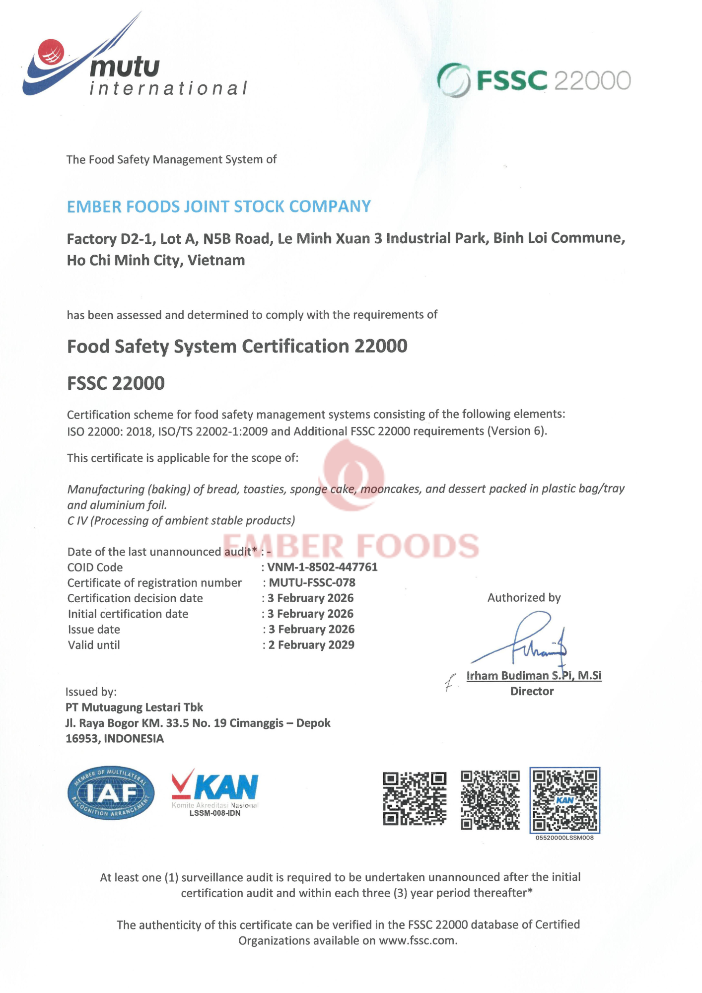 FSSC Certificate Ember Foods Joint Stock Company, Chứng nhận FSSC Ember Foods an toàn thực phẩm