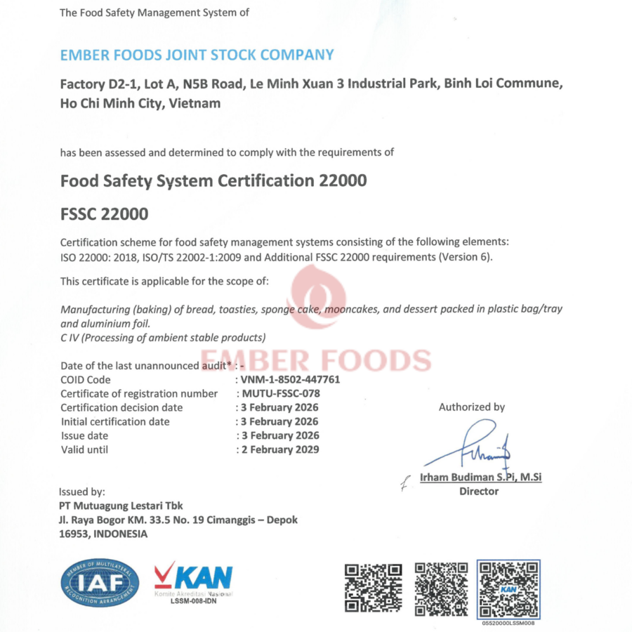 FSSC Certificate Ember Foods Joint Stock Company, Chứng nhận FSSC Ember Foods an toàn thực phẩm