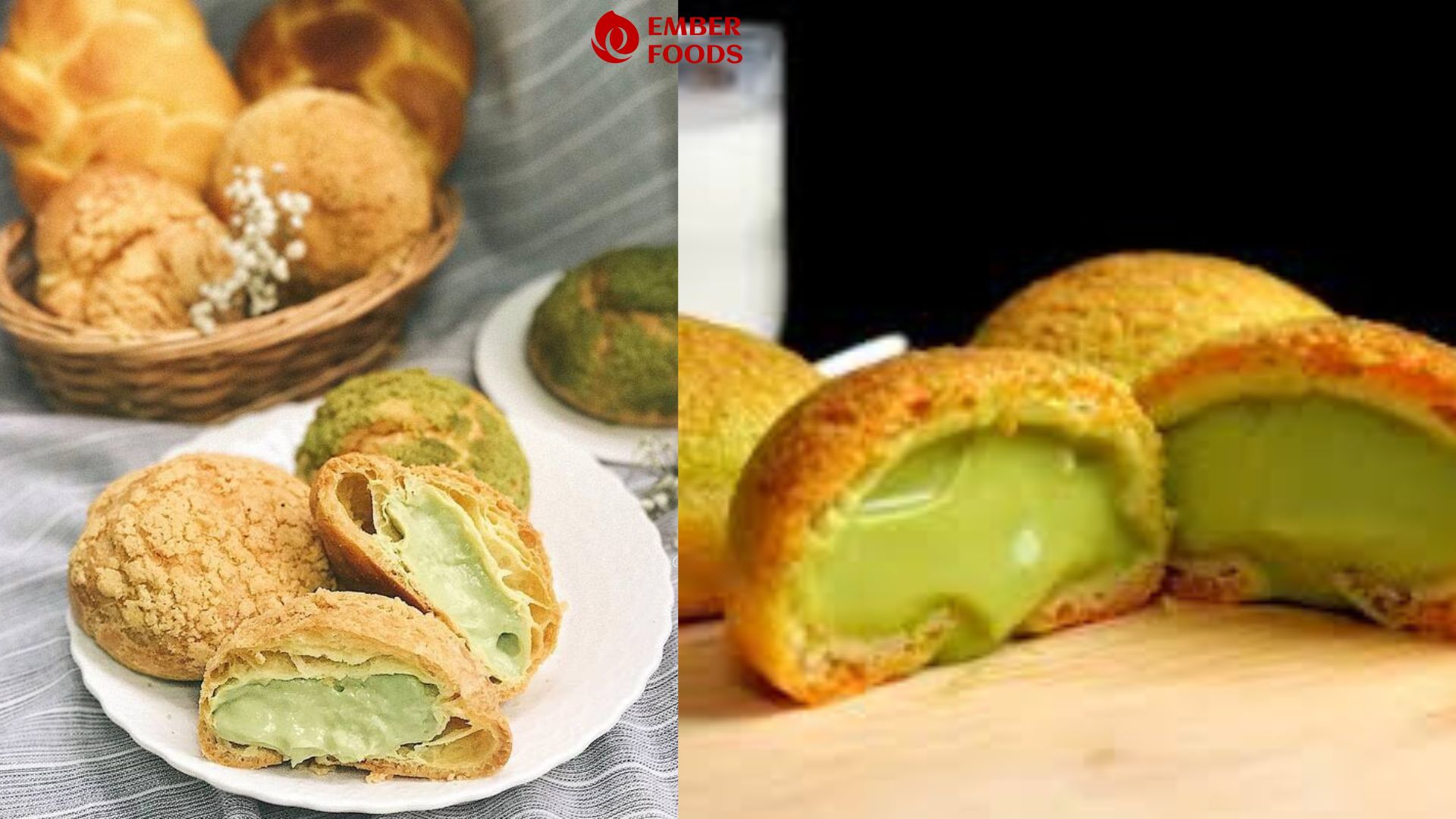 Bánh su kem trà xanh nhân kem tươi, nhân custard, phủ socola, mini size, trà xanh lạnh