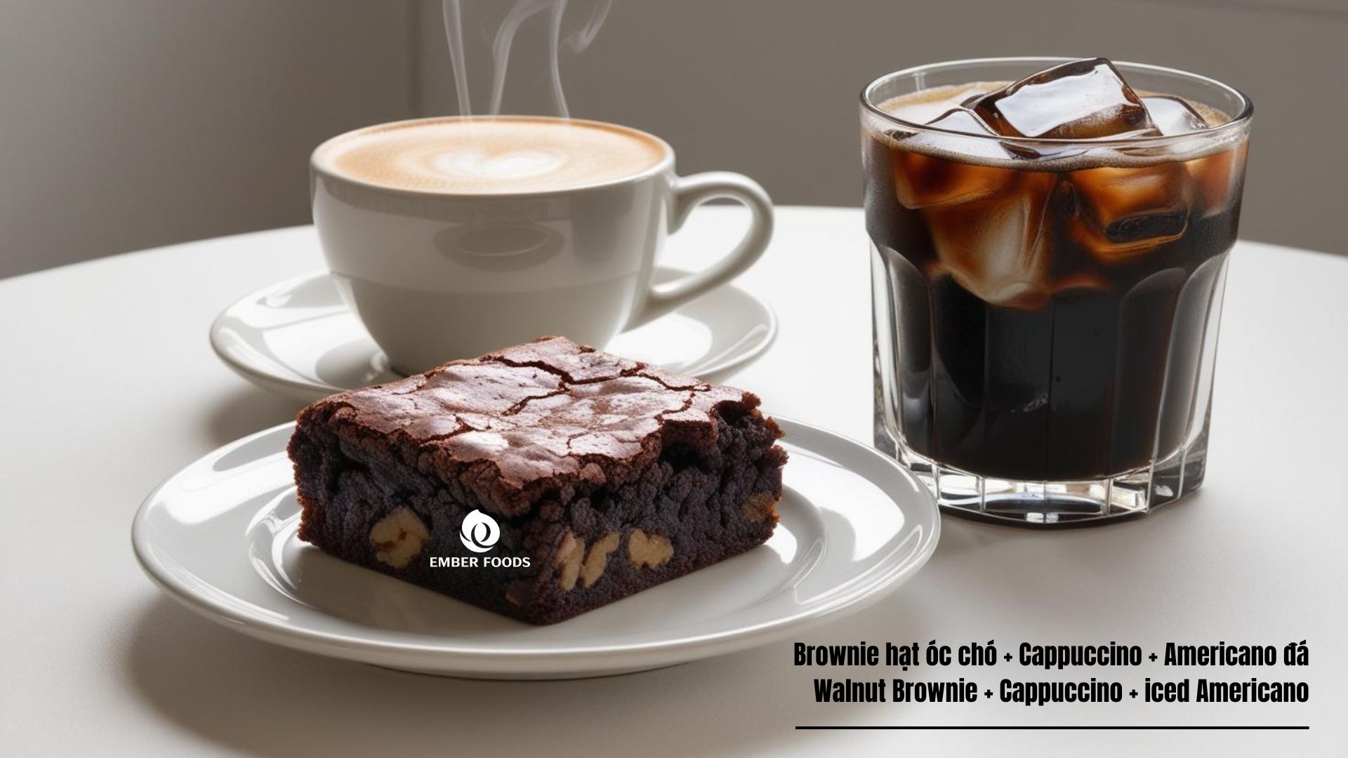 Brownie hạt óc chó phù hợp với Cappuccino và Americano đá - Walnut Brownie goes well with Cappuccino and iced Americano