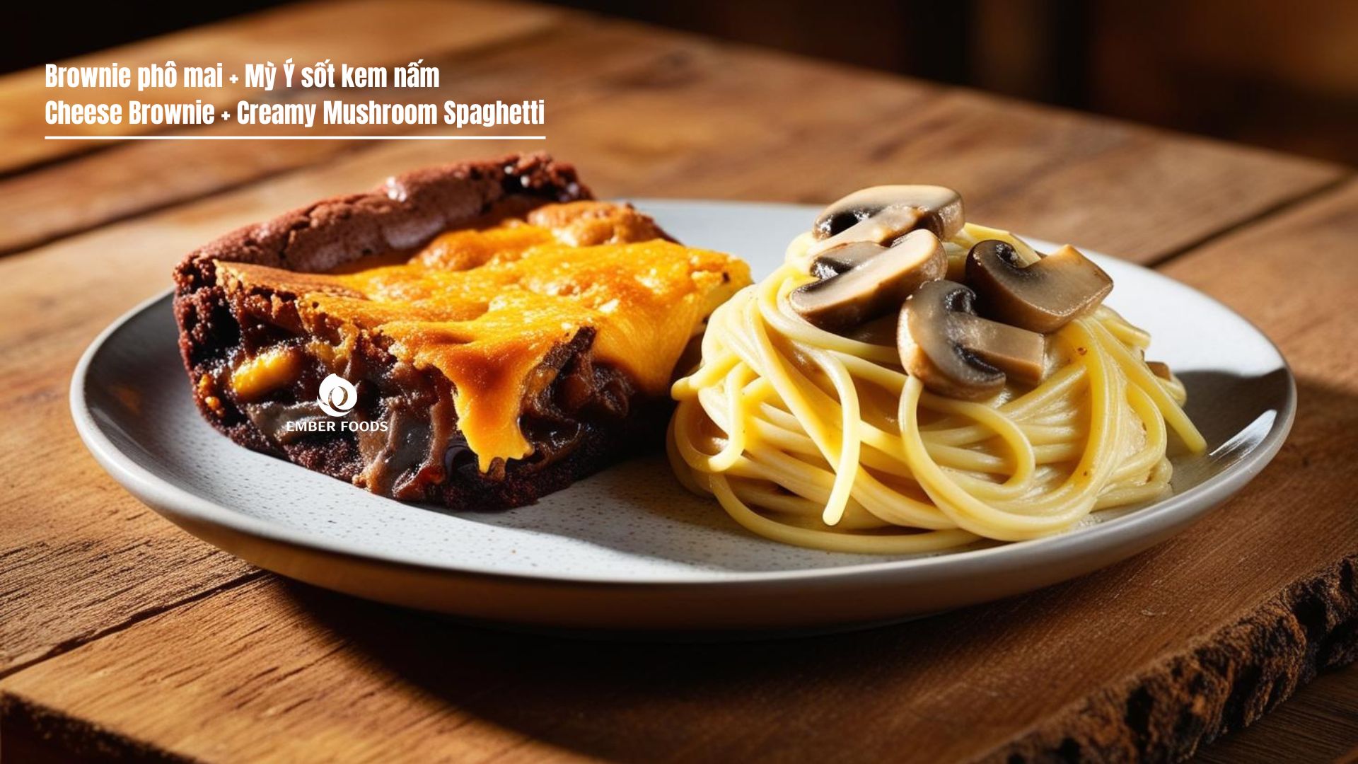 Brownie phô mai phù hợp với Mỳ Ý sốt kem nấm - Cheese Brownie goes well with Creamy Mushroom Spaghetti
