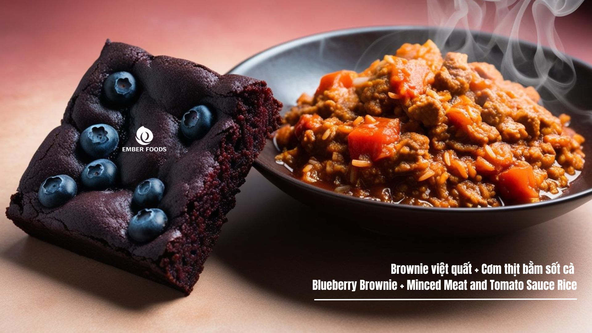 Brownie việt quất phù hợp với Cơm thịt bằm sốt cà - Blueberry Brownie goes well with Minced Meat and Tomato Sauce Rice
