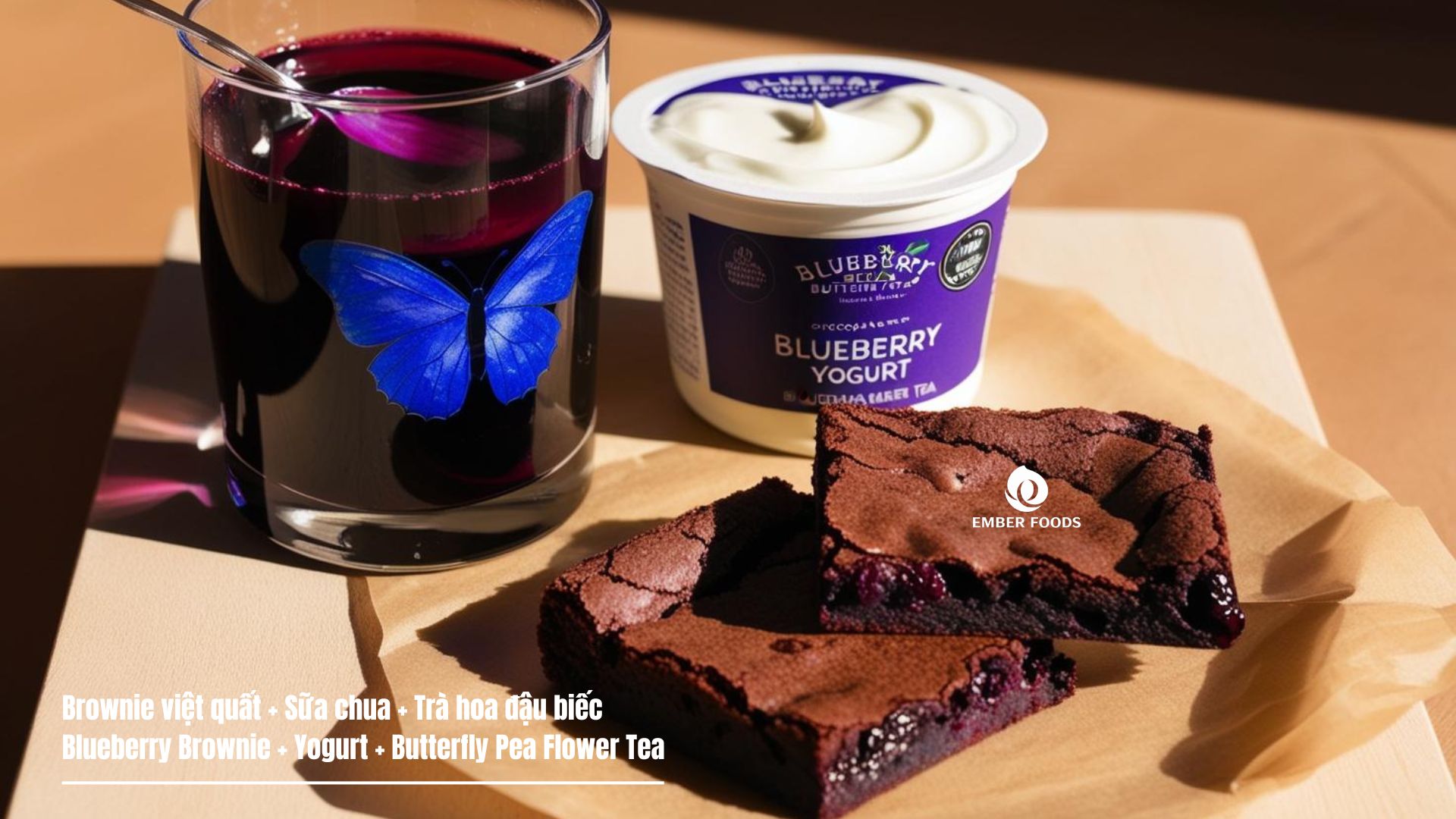 Brownie việt quất phù hợp với Sữa chua và Trà hoa đậu biếc - Blueberry Brownie goes well with Yogurt and Butterfly Pea Flower Tea