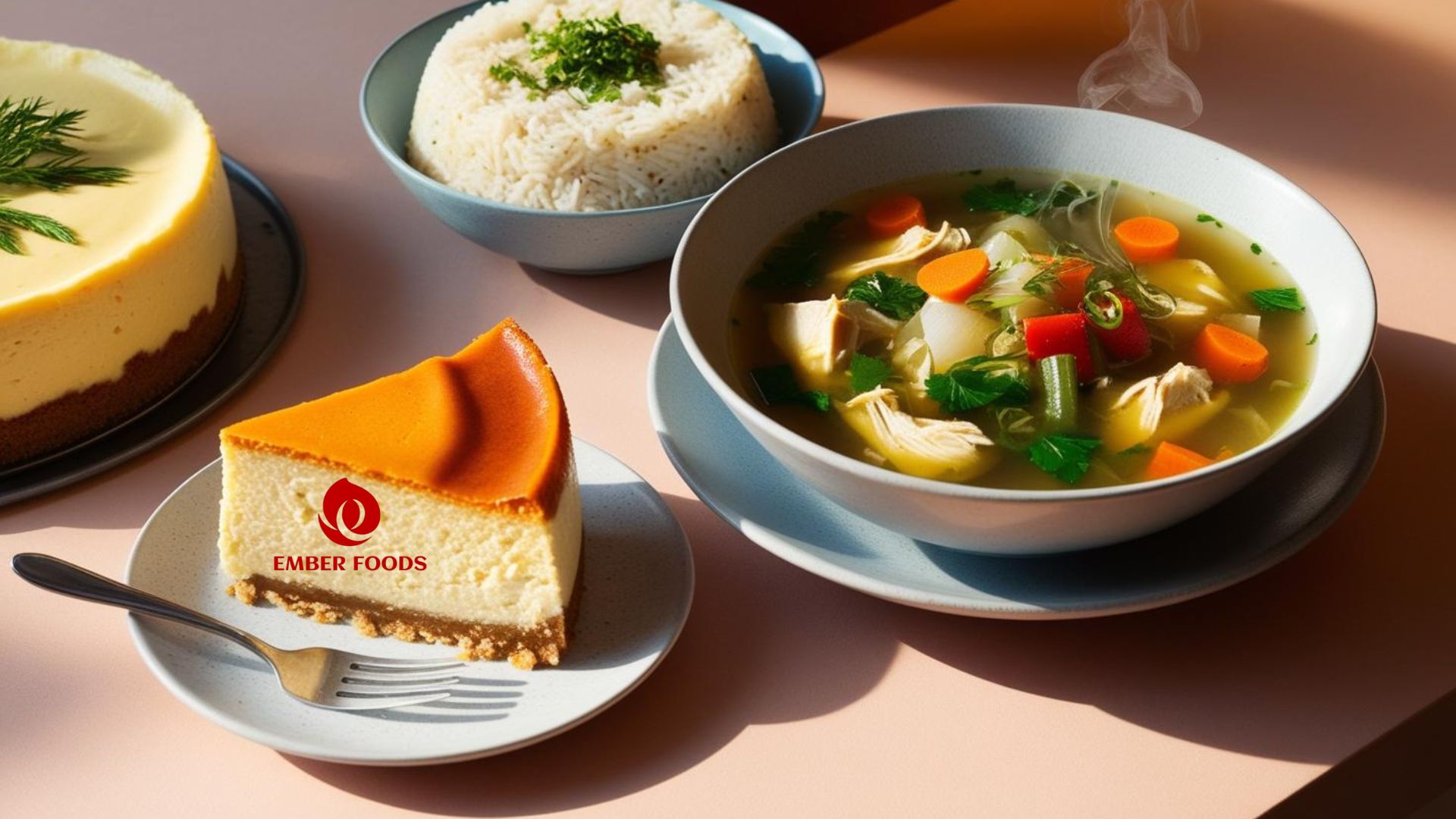 Cheesecake New York và Cơm gà luộc, canh rau củ - New York Cheesecake and Boiled Chicken and Rice, Vegetable Soup