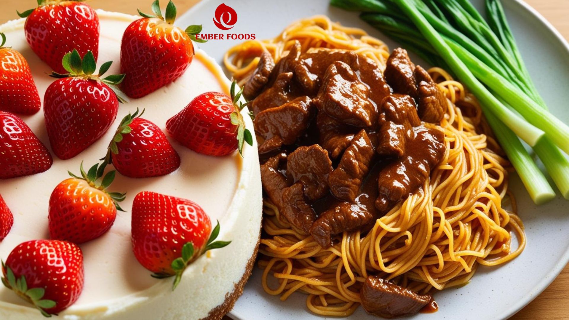 Cheesecake dâu tươi và Nui xào bò, rau luộc - Fresh strawberry cheesecake and stir-fried pasta with beef and boiled vegetables