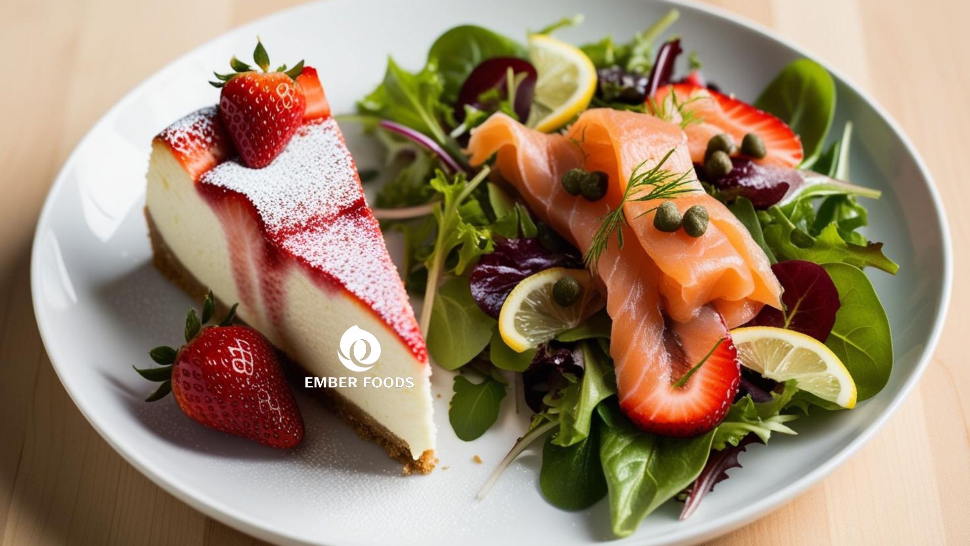 Cheesecake dâu tươi và Salad cá hồi xông khói - Fresh Strawberry Cheesecake and Smoked Salmon Salad