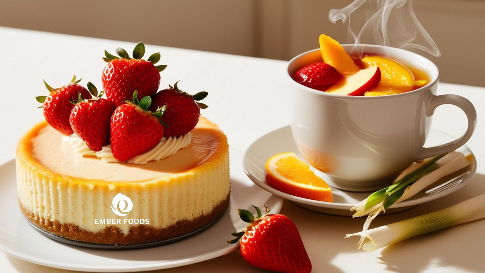 Cheesecake dâu tươi và Trà đào cam sả - Fresh strawberry cheesecake and peach orange lemongrass tea