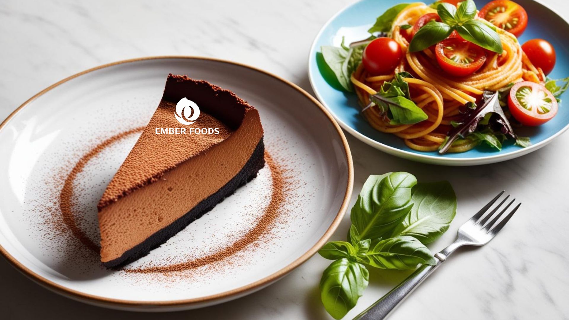 Cheesecake socola và Mì Ý sốt cà chua, salad - Chocolate Cheesecake and Tomato Sauce Pasta, Salad