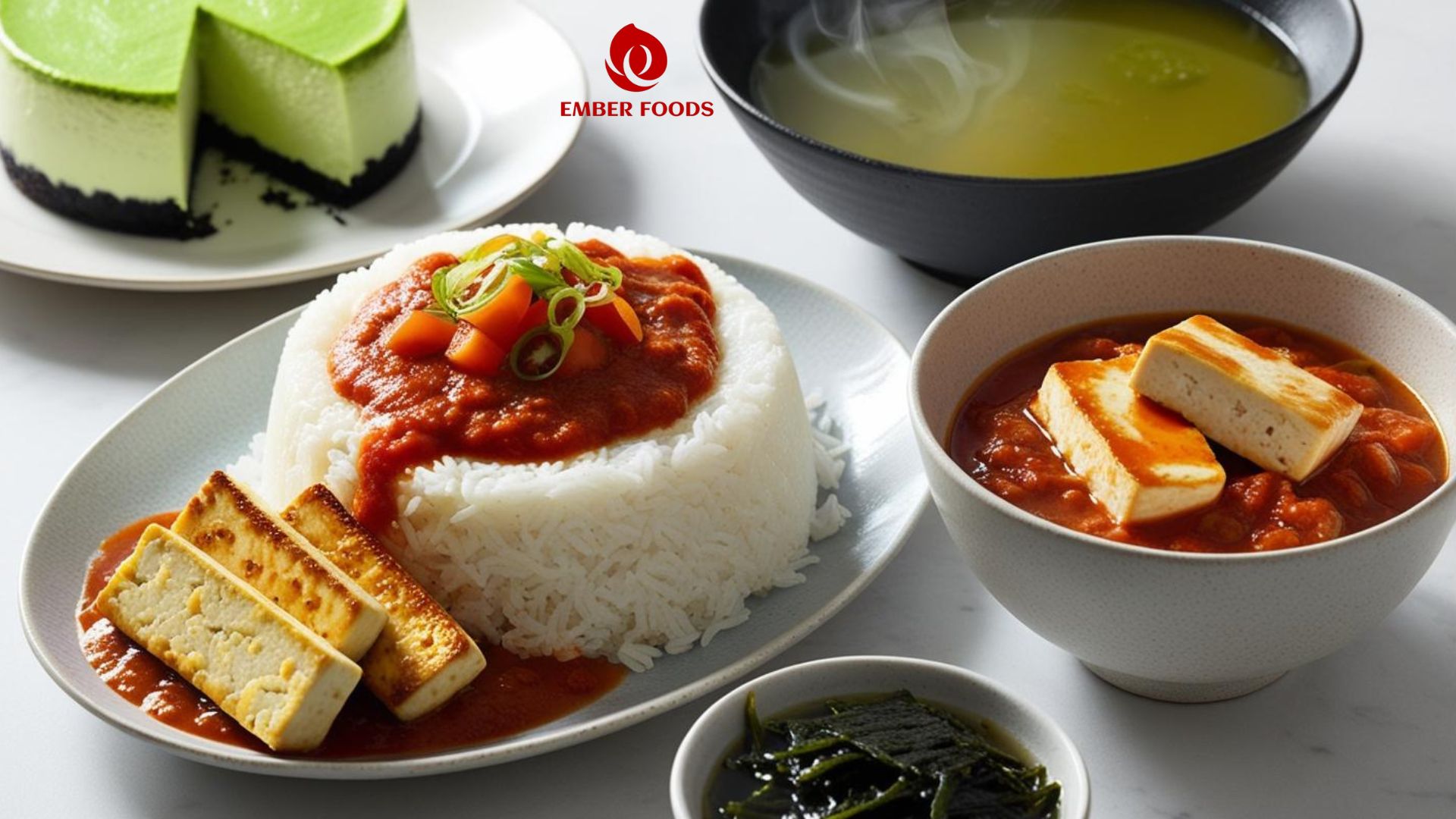 Cheesecake trà xanh và Cơm phần đậu hũ sốt cà, canh rong biển - Green tea cheesecake and rice with tomato sauce tofu and seaweed soup