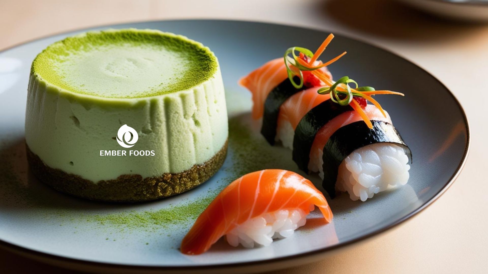 Cheesecake trà xanh và Món Nhật (sushi, sashimi) - Green Tea Cheesecake and Japanese Food (sushi, sashimi)