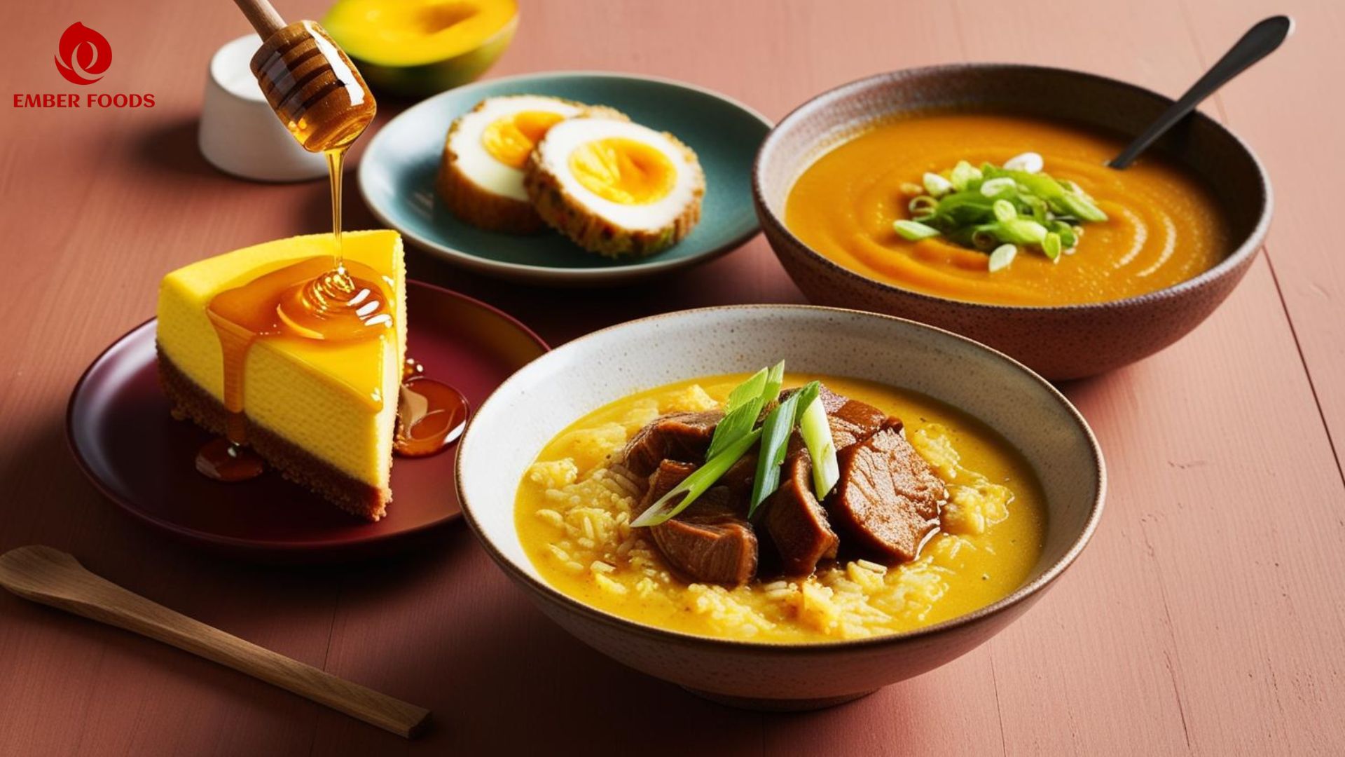 Cheesecake xoài và Cơm thịt kho trứng, canh bí đỏ - Mango Cheesecake and Braised Pork and Egg Rice, Pumpkin Soup