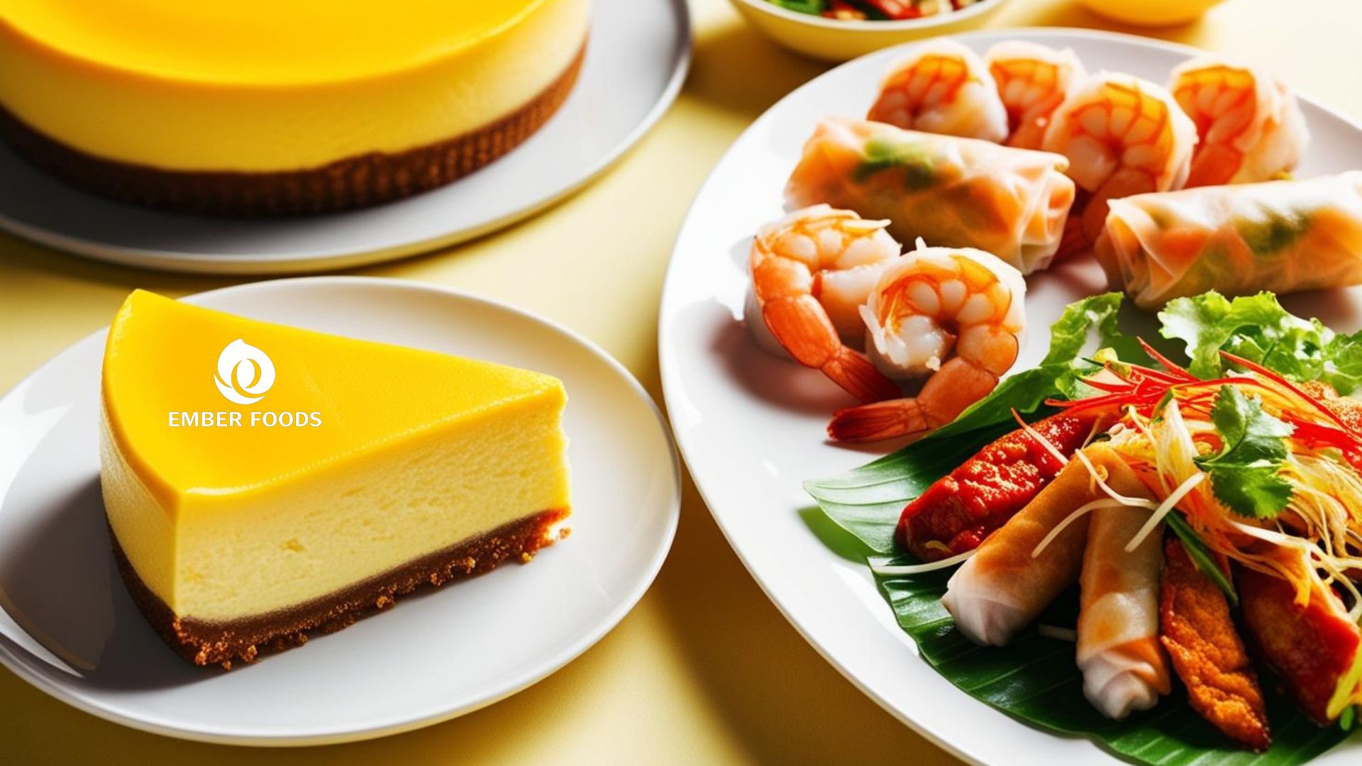 Cheesecake xoài và Gỏi cuốn tôm thịt hoặc nộm chua cay - Mango Cheesecake and Shrimp and Pork Spring Rolls or Spicy and Sour Salad