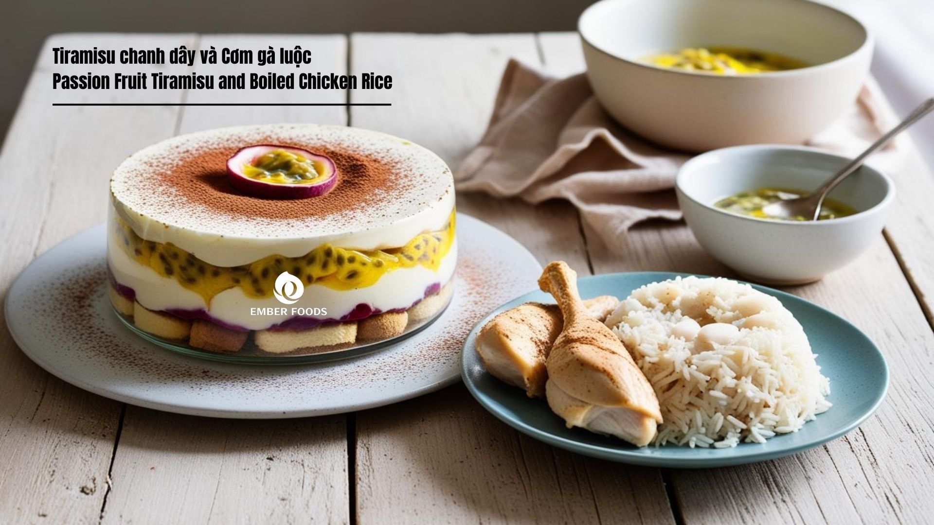 Tiramisu chanh dây và Cơm gà luộc - Passion Fruit Tiramisu and Boiled Chicken Rice