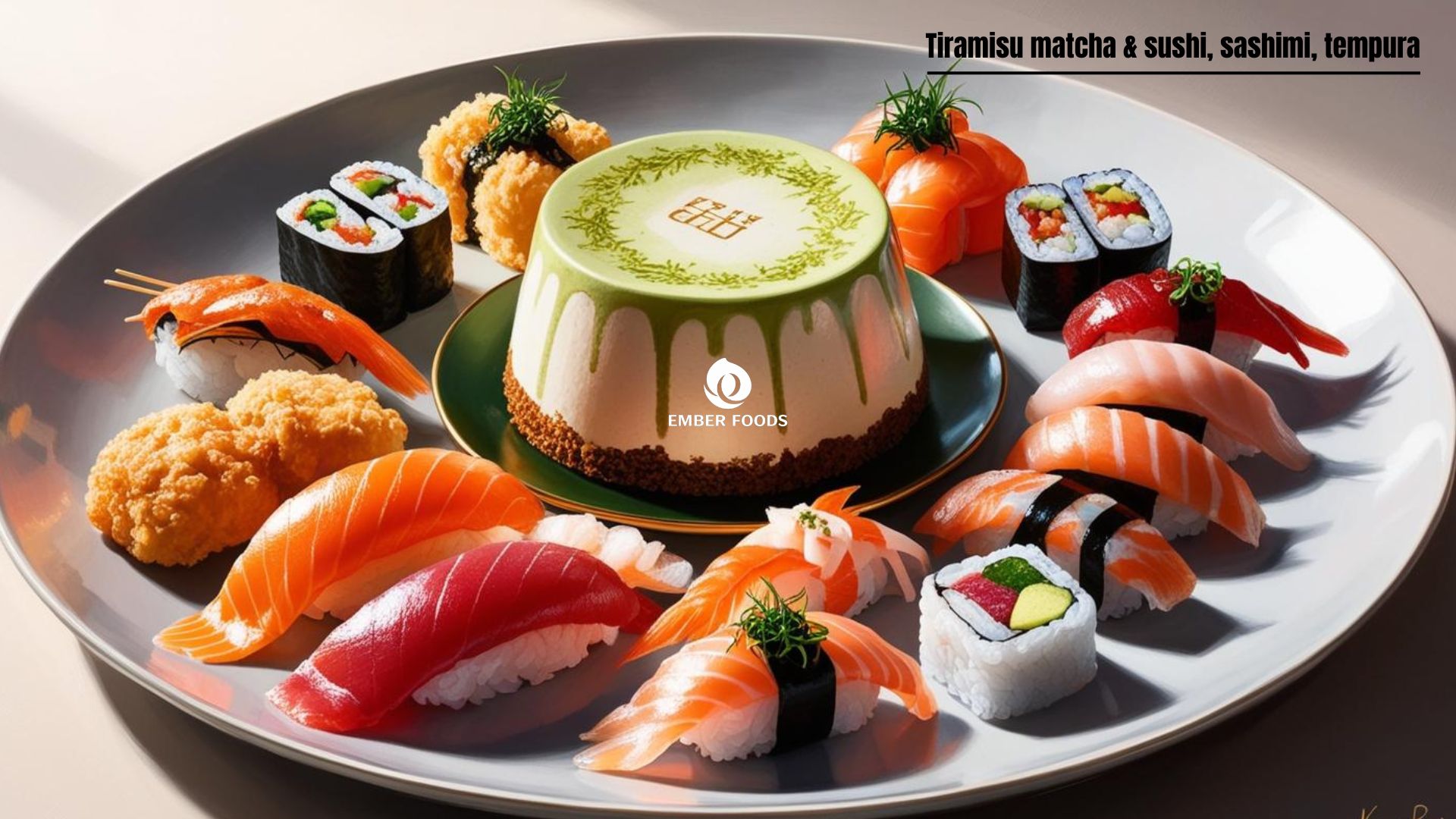 Tiramisu matcha & sushi, sashimi, tempura