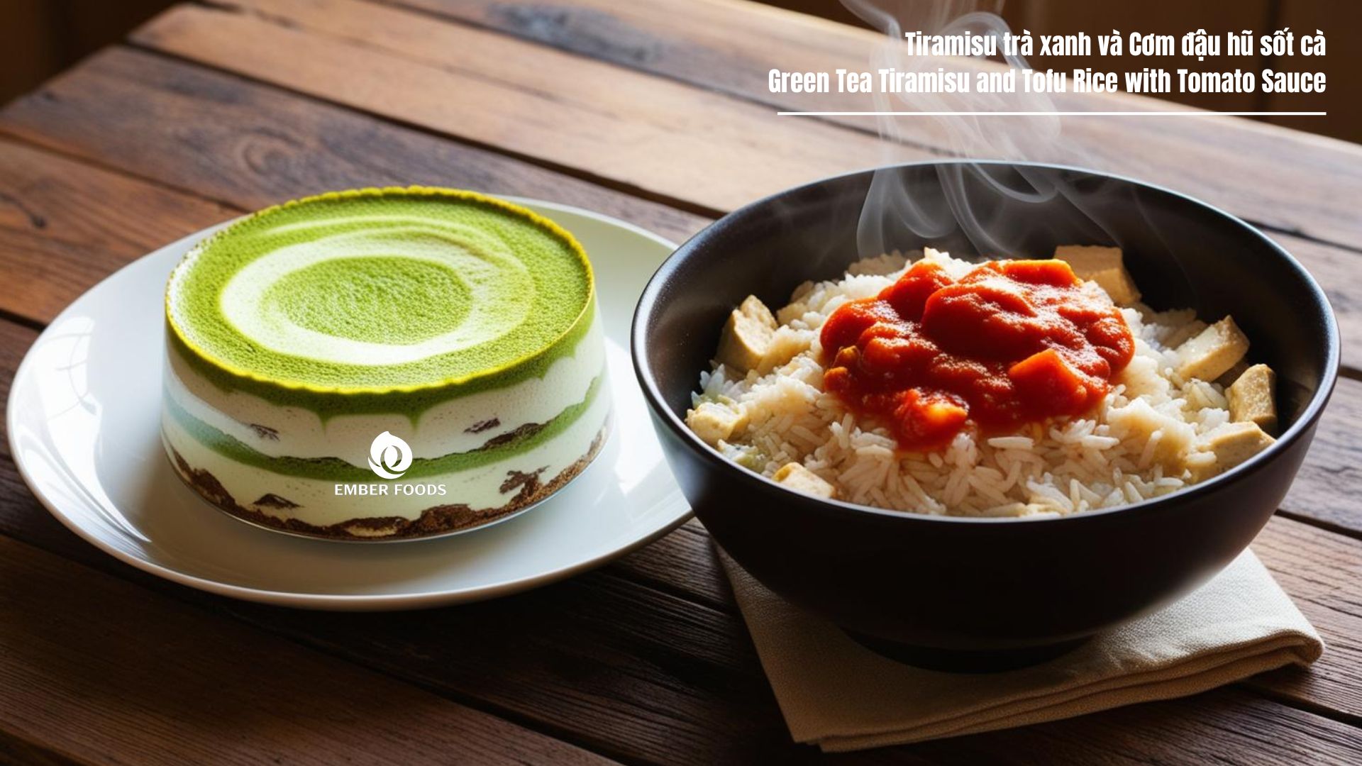 Tiramisu trà xanh và Cơm đậu hũ sốt cà - Green Tea Tiramisu and Tofu Rice with Tomato Sauce
